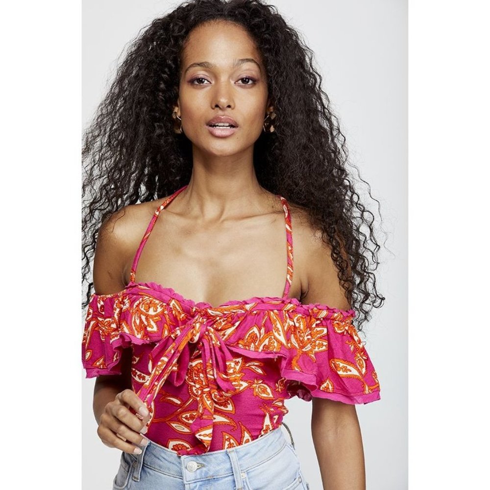 FREE PEOPLE Cha Cha Ruffle Off-shoulder Top Paisley X-Small 0-2 NEW